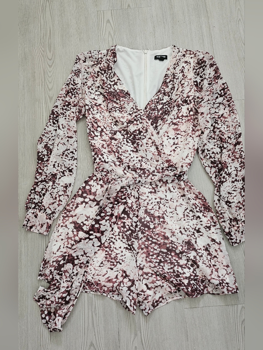 Express Wrap Front Printed Long Sleeve Romper in Pink & Brown